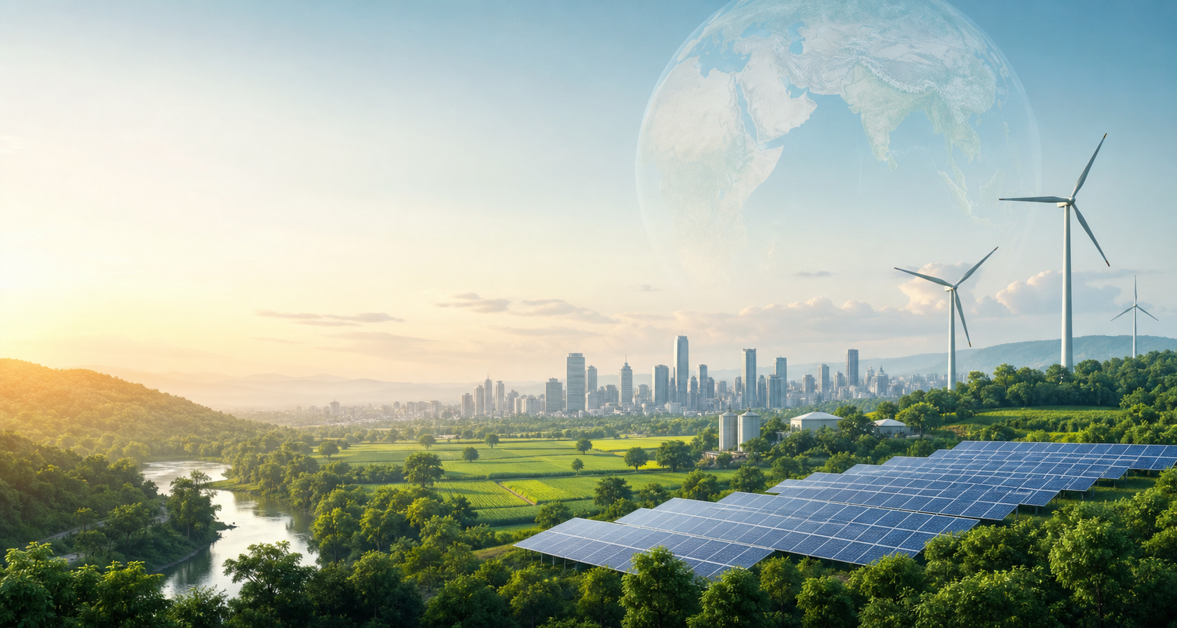 Green Indian landscape with forests, farms, solar panels, wind turbines, city skyline, and Earth in the sky